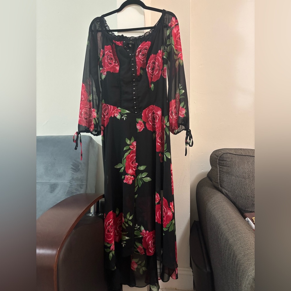 Disney Black and Red Floral Long Sleeve Dress